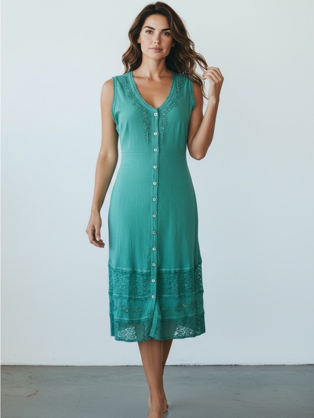 Kaktus Vintage Sleeveless Teal Button-Front Embroidered Dress